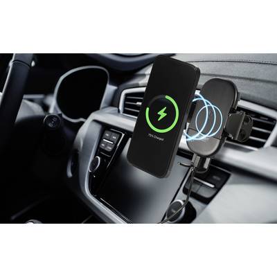 A mobile phone is being wirelessly charged in a car. The display shows a green circle with a lightning symbol and '75% charged'.