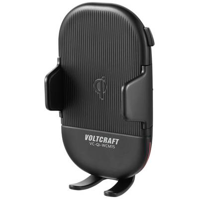 Wireless mobile phone holder in black, with 'Voltcraft' brand name printed, featuring adjustable side arms for various device sizes.