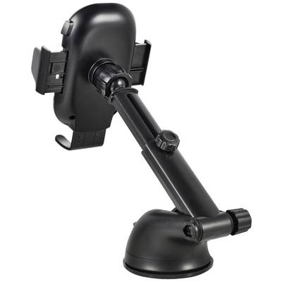 Black smartphone mount with adjustable arm, suitable for cars. It enables flexible positioning and secure holding.