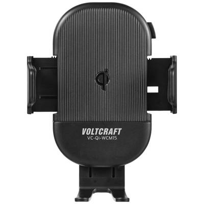 Black mobile phone holder with Qi charging function, brand name 'Voltcraft' visible below.