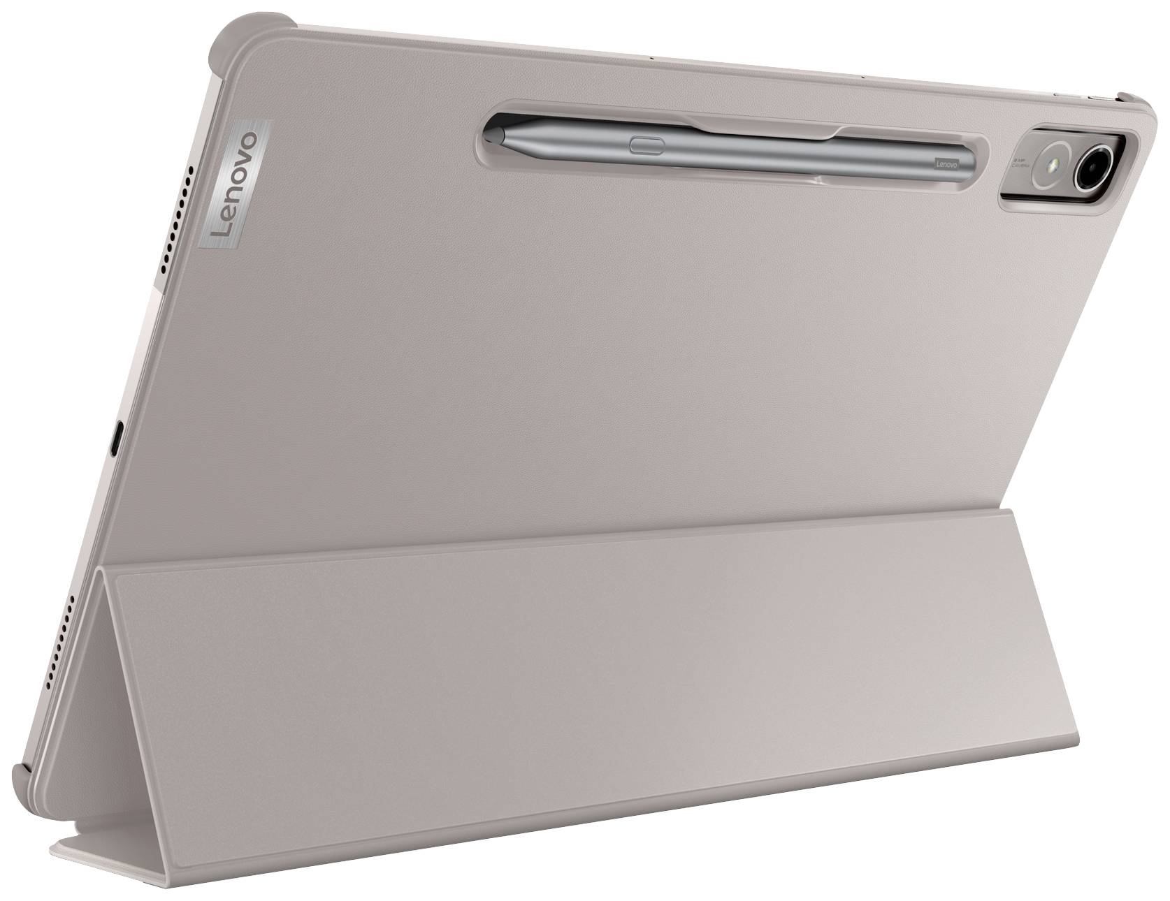 A tablet with a stylus inserted, standing in landscape orientation in a protective case.