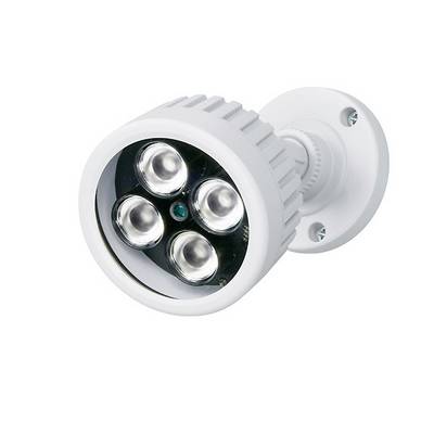 LED floodlight with four luminous LEDs, suitable for outdoor lighting, mounted in a housing with wall bracket.