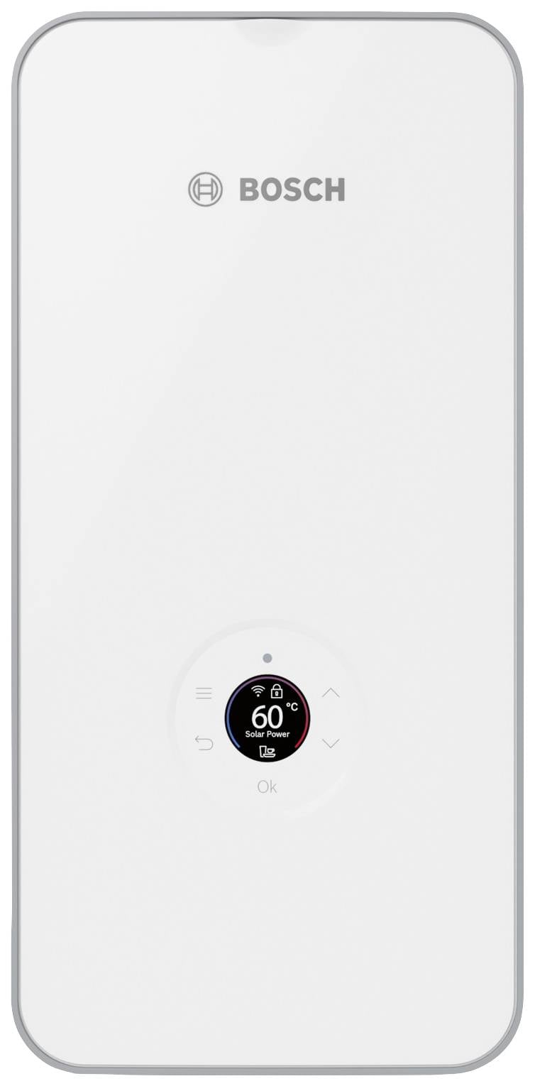 Bosch gas boiler with digital display in the centre, showing 60 degrees Celsius. Design in white with rounded corners.