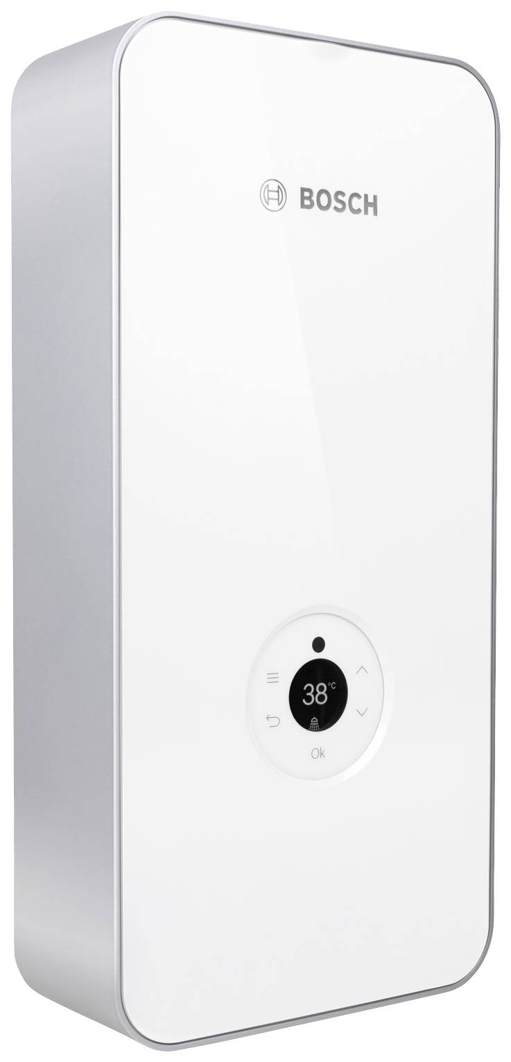 Wall-mounted Bosch instantaneous water heater with a digital display showing a temperature of 38 degrees Celsius.
