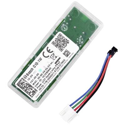 An electronic module with a white label containing technical information, beside it a cable with four coloured wires.