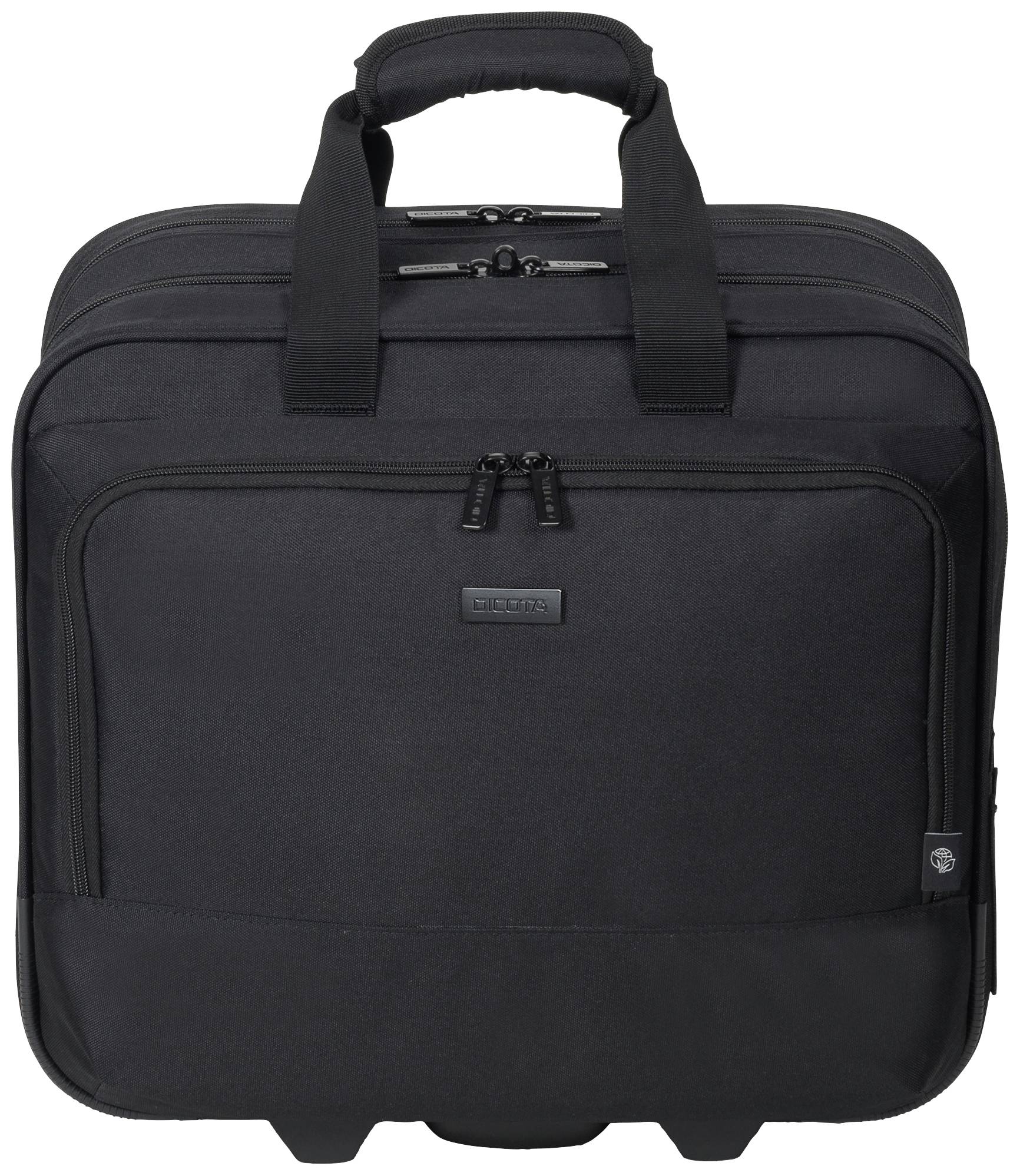 A black wheeled suitcase with two short handles and multiple zip compartments.