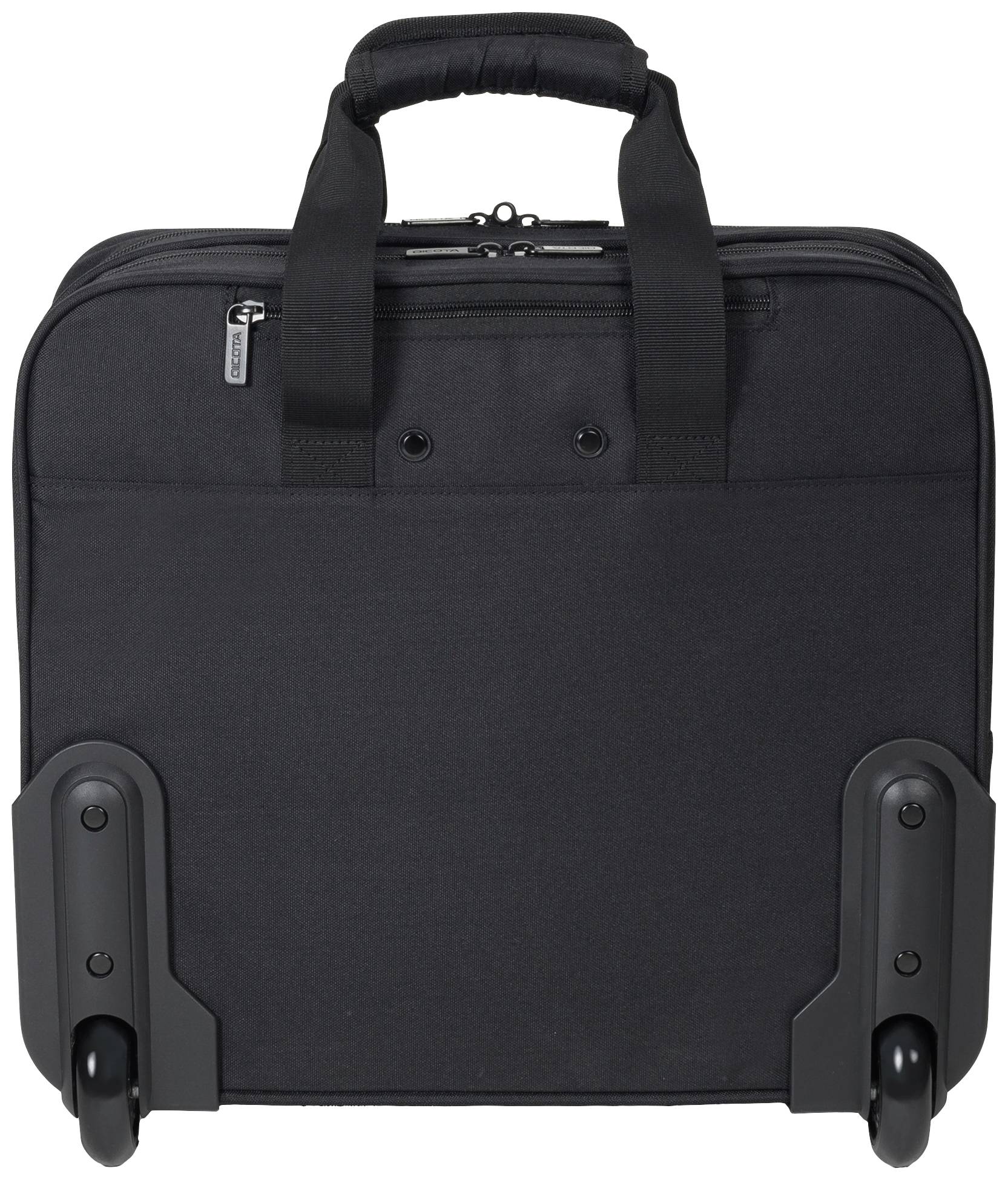 Black rolling suitcase, standing upright, with two wheels and an upper carry handle. Ideal for travel or business purposes.