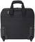 Black rolling suitcase, standing upright, with two wheels and an upper carry handle. Ideal for travel or business purposes.