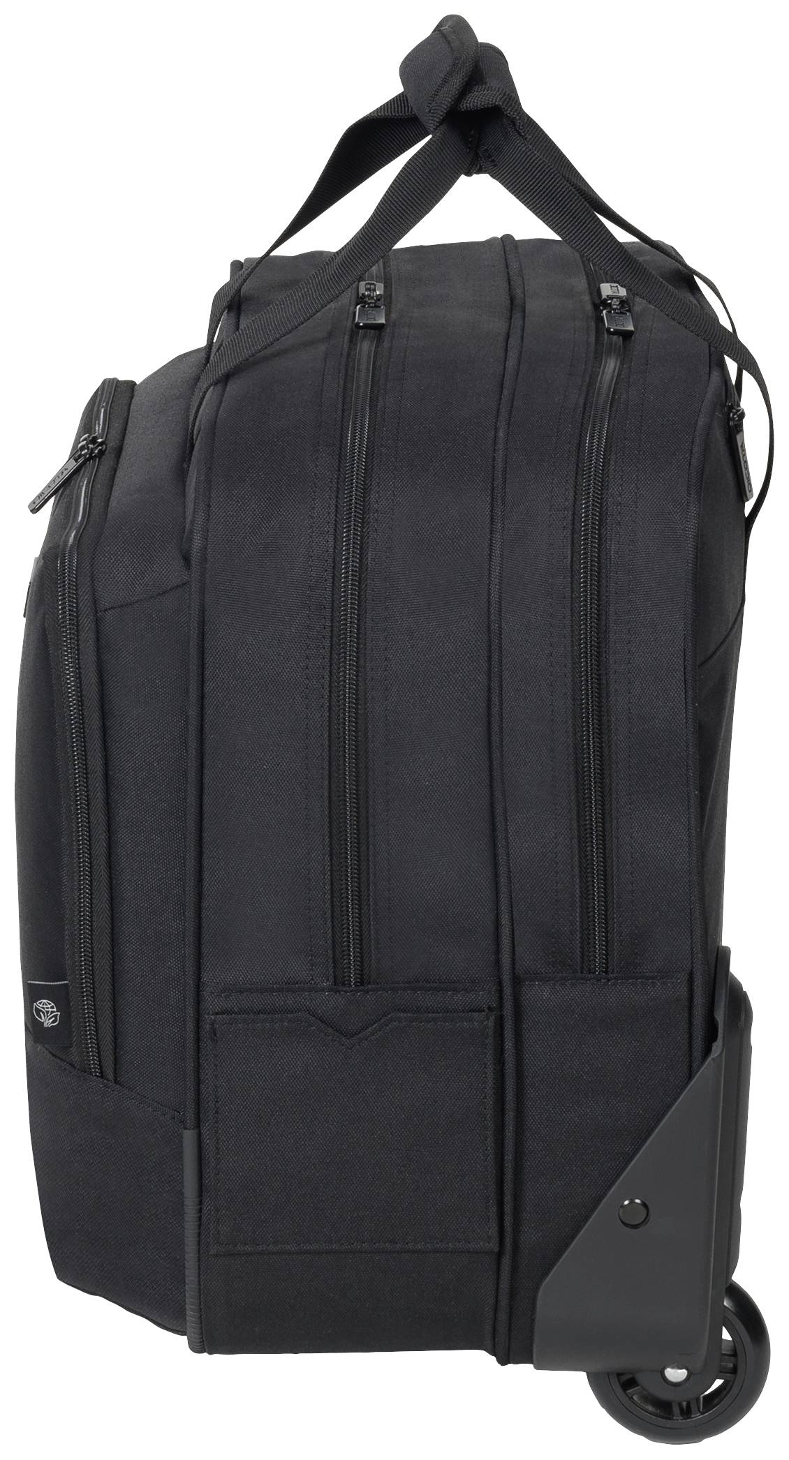 A black wheeled suitcase, side view. Three zips at the top, with two top handles.