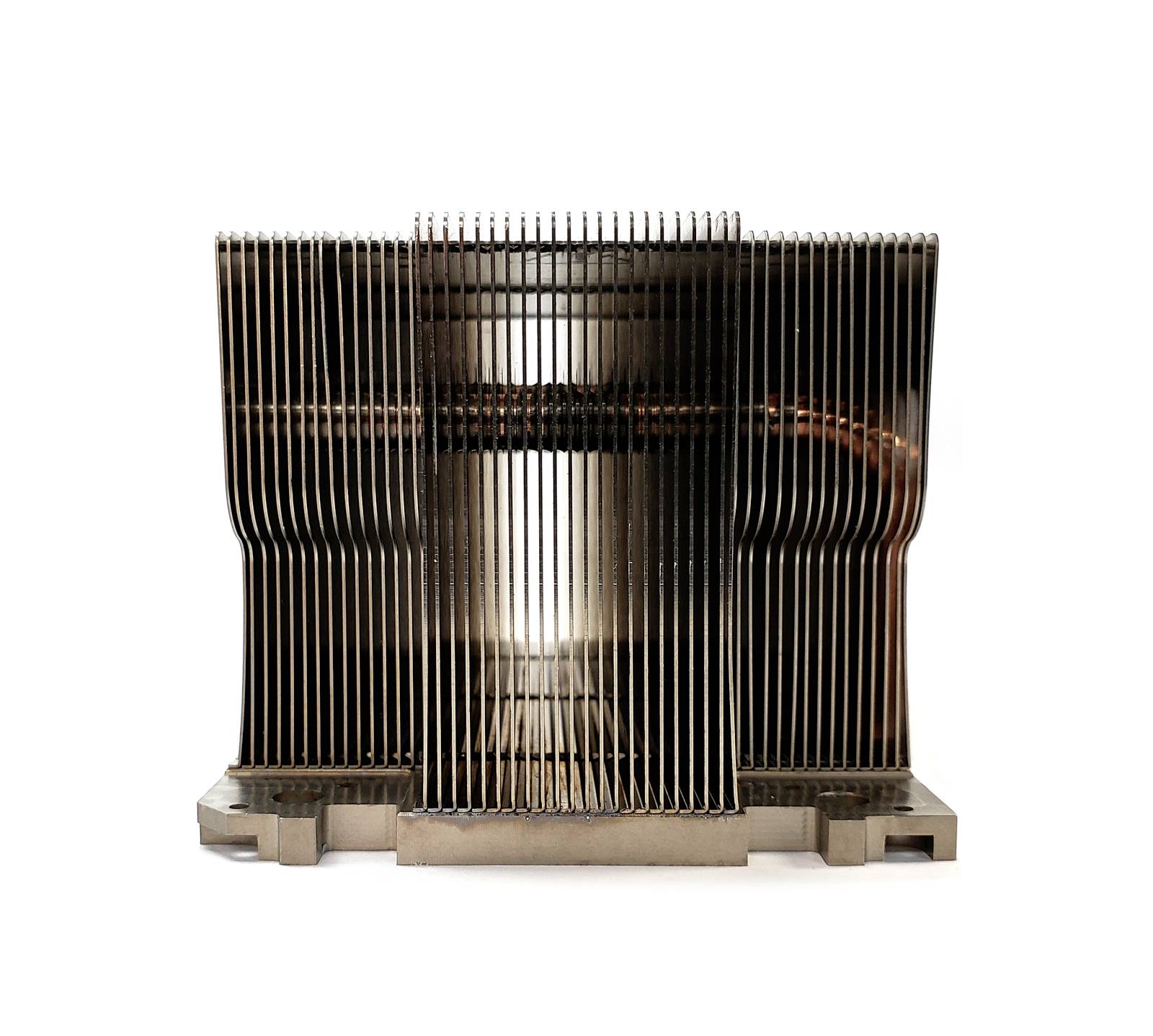 A large heatsink with parallel metal fins for heat dissipation, central cutout, on a white background.