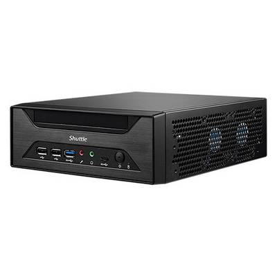 A compact black shuttle PC, positioned horizontally. The front panel shows USB ports, audio connections, and control buttons.