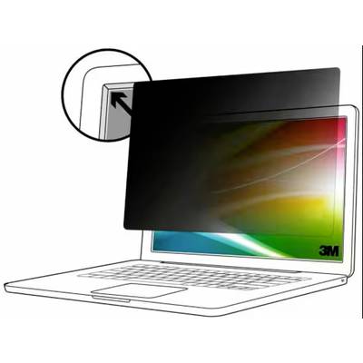 Diagram of a laptop screen with a privacy filter. An enlarged section shows the simple attachment of the filter.