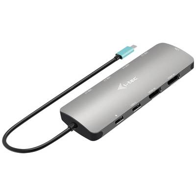 USB-C Docking Station with multiple ports: HDMI, USB, Ethernet, Audio. Connection cable on the left, compact grey design.