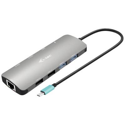 USB-C Hub with Multiple Ports: Ethernet, HDMI, USB-A and USB-C. Device in Silver Colour with Black Cable.