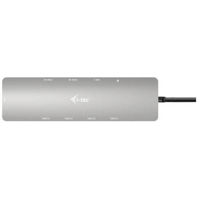 A silver i-tec USB hub with ports: USB-C, HDMI and three USB 3.0 connections. The cable is mounted to the side.