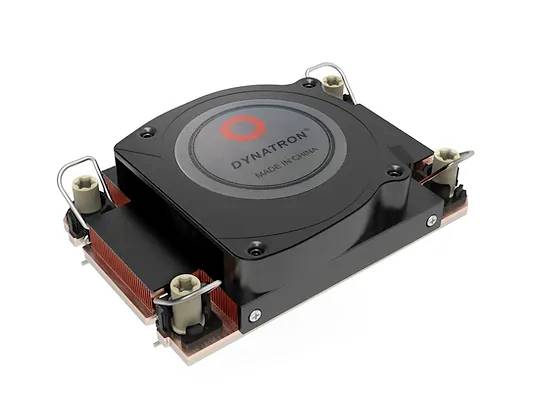 A black computer fan with 'Dynatron' printed on the top surface, surrounded by mounting clips, on a white background.