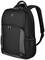 A black rucksack with grey details and a small white logo on the front, suitable for laptops and travelling.