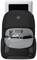 A black rucksack with multiple compartments. The main compartment contains a laptop. At the front, there are keys and a cable.