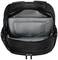 Black rucksack with an open front pocket, showing multiple interior compartments and a padded laptop sleeve.