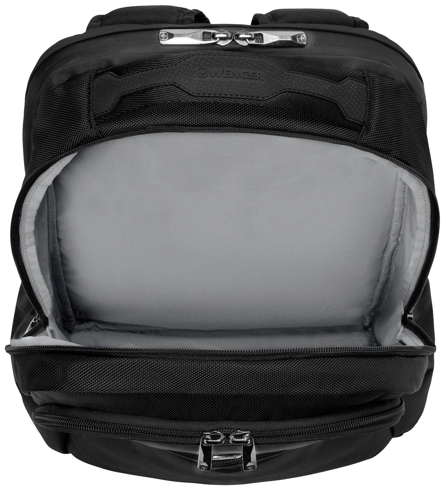 A black rucksack with its main compartment open, revealing the interior space without contents. Upper zip open, lower zip closed.