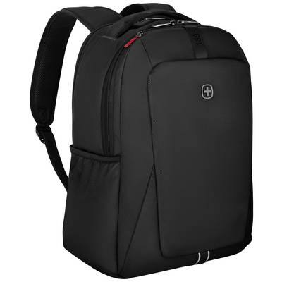 Black rucksack with padded shoulder straps. Front pocket with zip; side mesh pocket for bottles.