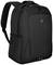 Black rucksack with padded shoulder straps. Front pocket with zip; side mesh pocket for bottles.