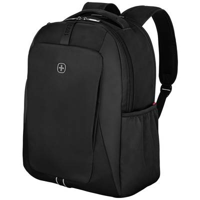 Black rucksack with front pocket and side mesh pockets. Padded shoulder straps, robust design, suitable for laptops.