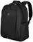 Black rucksack with front pocket and side mesh pockets. Padded shoulder straps, robust design, suitable for laptops.