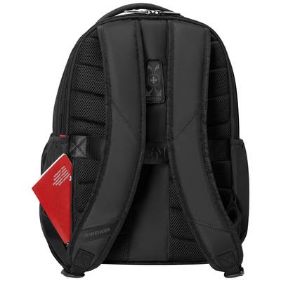 Black rucksack viewed from behind with padded shoulder straps and a small red tag on the side.