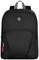 Black rucksack with a logo in the centre. Front pocket with zip, simple design, red detailing on the zips.