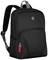 A black rucksack with two straps and zips. It has a small logo on the front and a red label loop.
