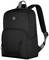 Black rucksack with a grey carry handle and two padded shoulder straps. Front pocket with a prominent zip.