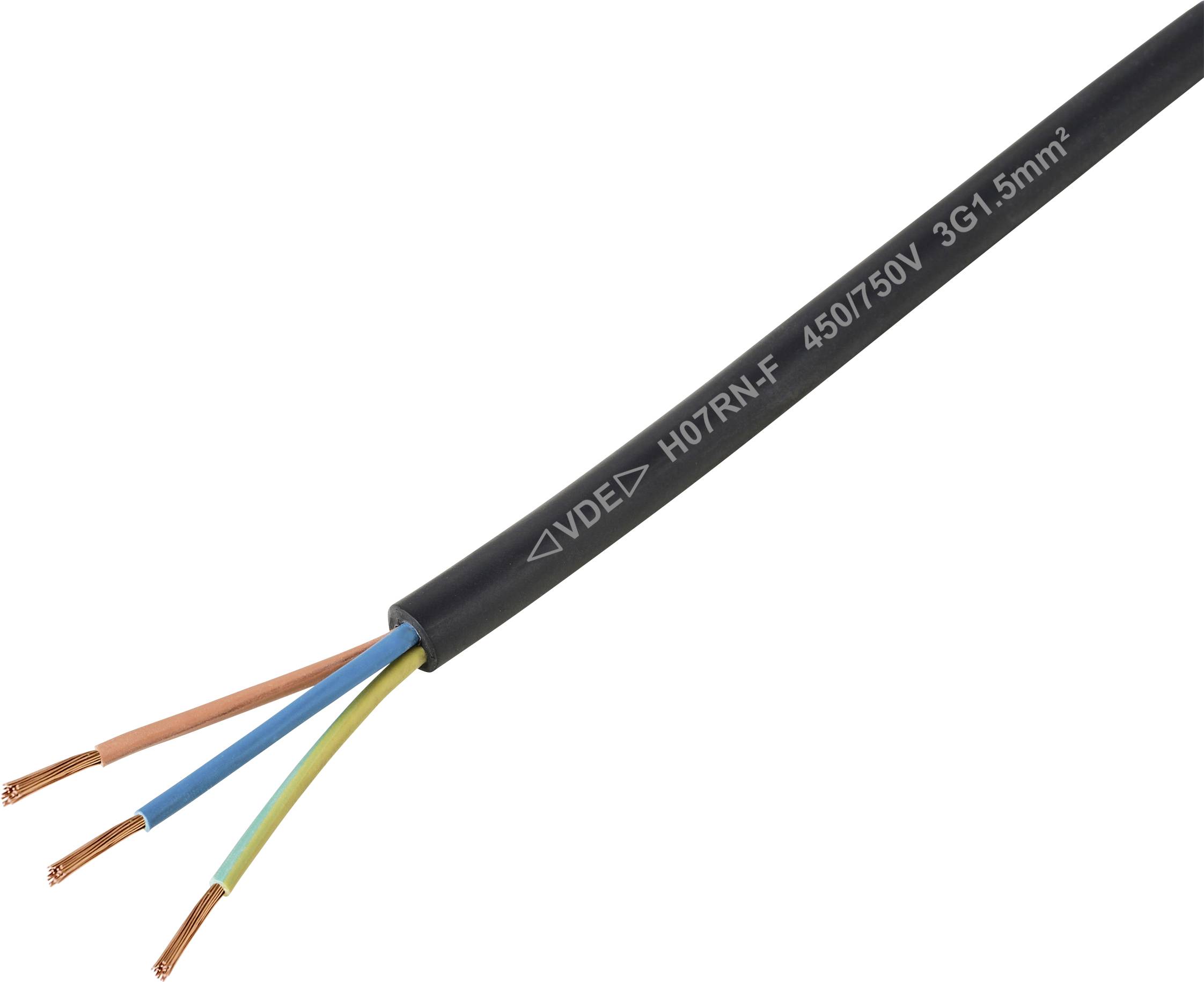 A black electrical cable with three exposed copper wires, color-coded in brown, blue, and green/yellow, labeled '450/750V 3G1.5mm²'.