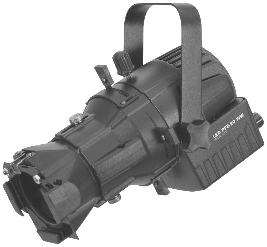 A black LED spotlight with carrying handle and label 'LED PFE-20 WW'.