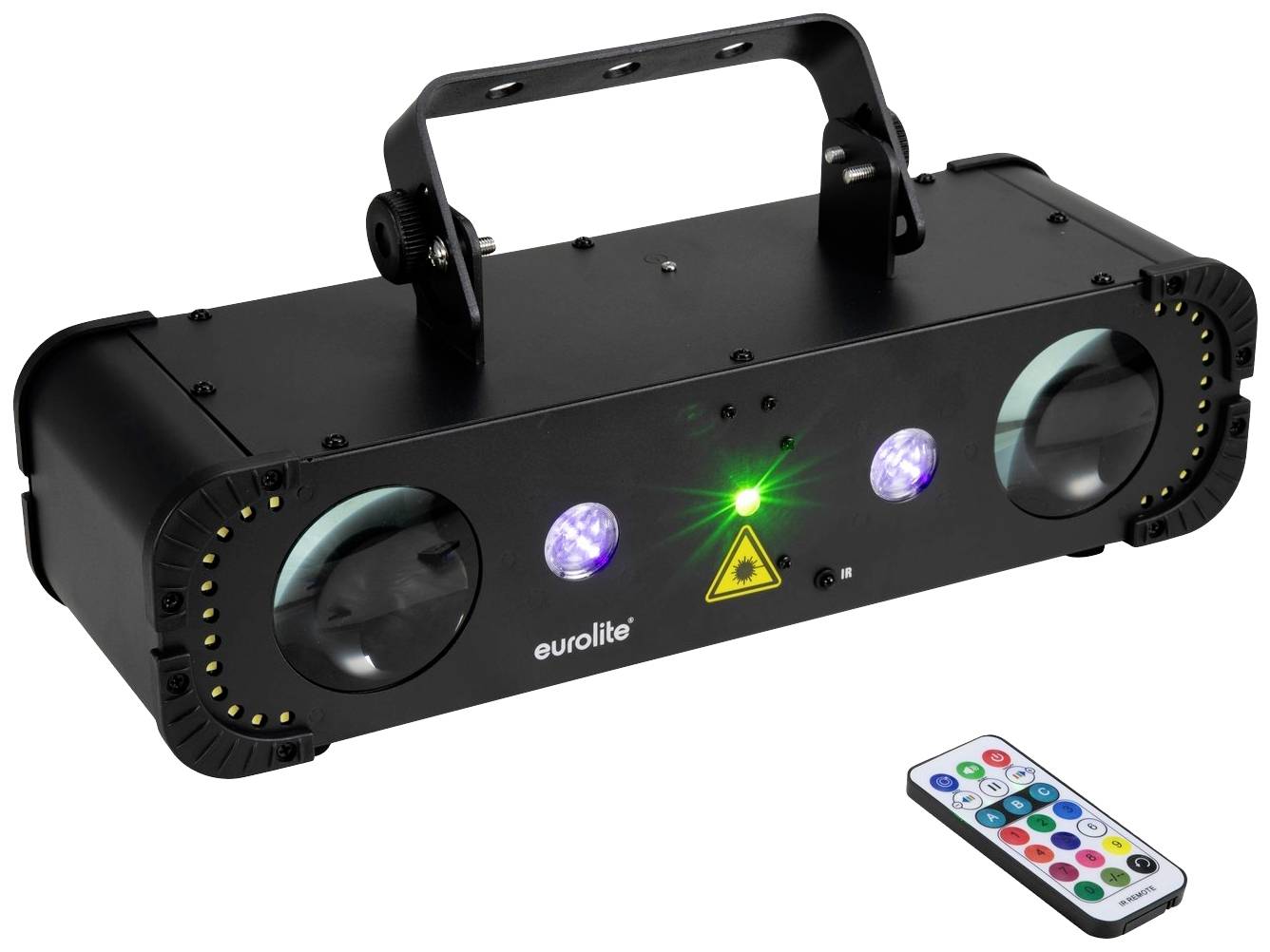 A black light effects device with two large lenses, LED lights and a remote control. Device is showing green laser signs.