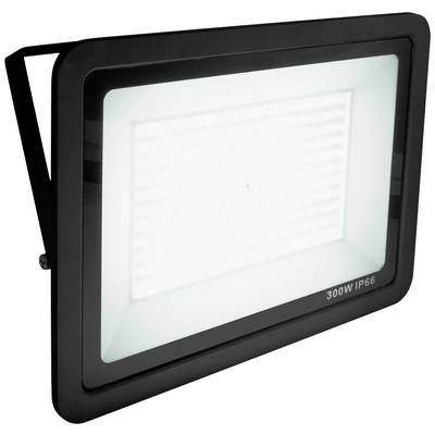 Black LED floodlight with 300W power output, suitable for outdoor use with IP66 protection rating, illuminating in bright white.