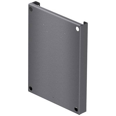 A grey metal plate with several holes along the edges and in the centre, likely for fixing to a surface.