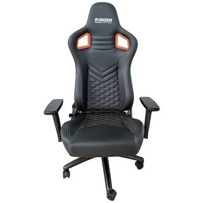 Black gaming chair with orange accents and adjustable armrests, suitable for long sitting periods and comfort.