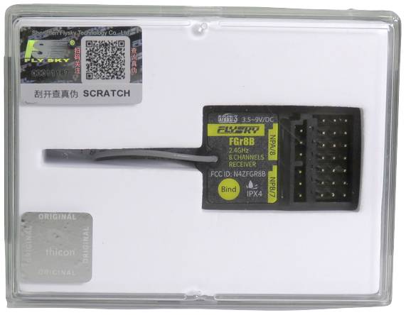 Receiver for FlySky brand, model FGr8B, for 2.4 GHz, 8 channels. Includes FCC ID, binding instructions, QR code, and anti-counterfeiting notice.