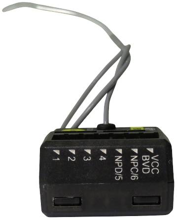 A black electric switch with four connected wires, labelled 'VCC', 'BVD', 'NPC/6', and 'NPD/5'.