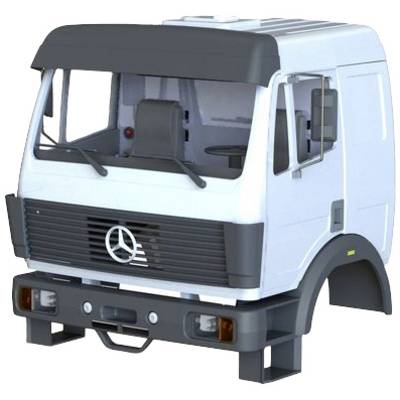 White lorry driver's cab without wheels, frontal view, grey roof and bumpers. No surrounding context.