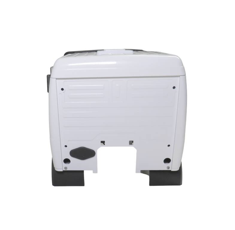Washing machine shown from behind, white surface, buttons and socket visible.