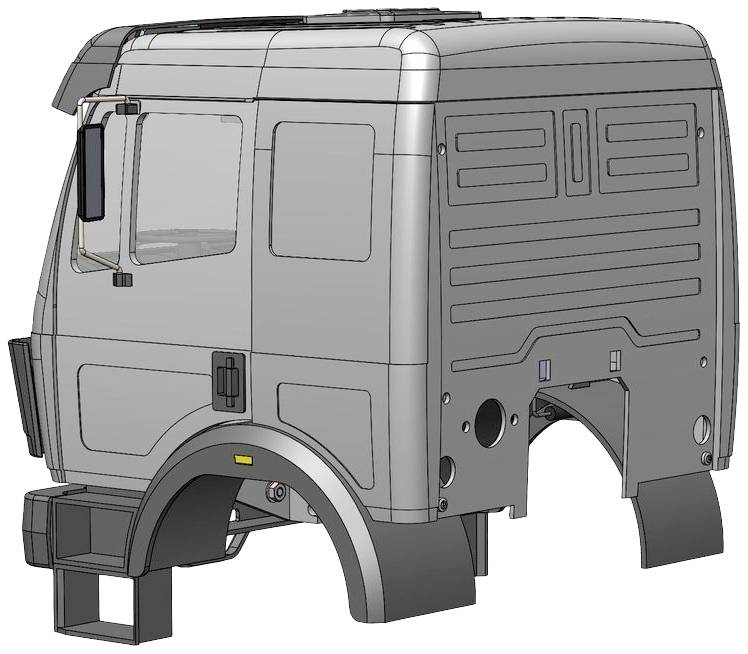 Drawing of a lorry cab without wheels, showing details of the bodywork and structure.