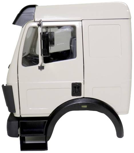 A white lorry cab with black details and a step, shown side-on in profile.