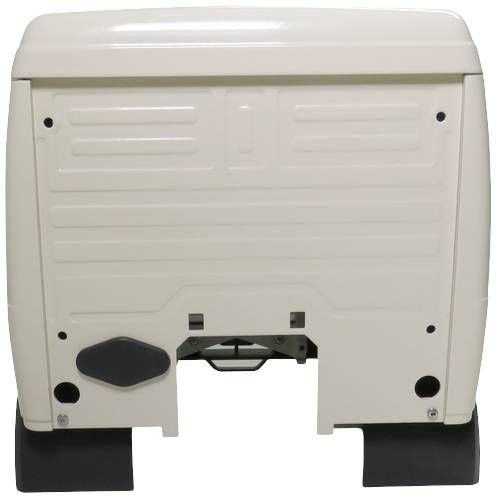 Rear view of a beige large device with a plastic casing. Two black wheels or castors are visible at the bottom.