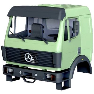 A lorry model with a green cab and black radiator grille, featuring a silver logo at the front, displays the front view of a vehicle.