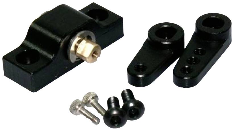 'A black metal part with two larger black screws and two silver screws, possibly part of a mounting system.'