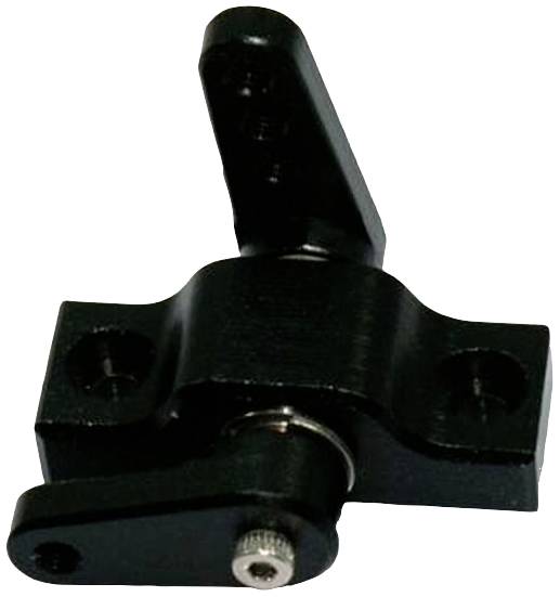 Black metal fitting with a rotatable lever, suitable for furniture connections. Shows screw holes for mounting.