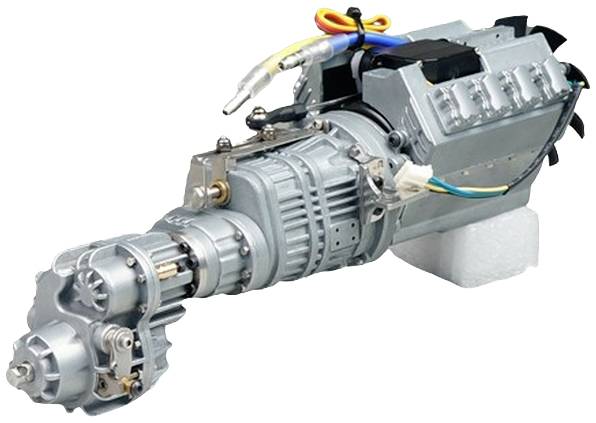 A silver electric motor with gearbox and cable connections, mounted on a white base.