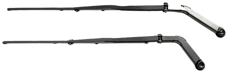 Two black windscreen wiper arms, arranged horizontally side by side, with plastic connector pieces at the ends.